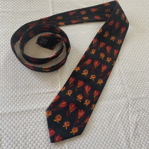 Ermenegildo Zegna Tulip Floral Black Silk Neck Tie Orange Pink Colorful - Picture 2 of 5